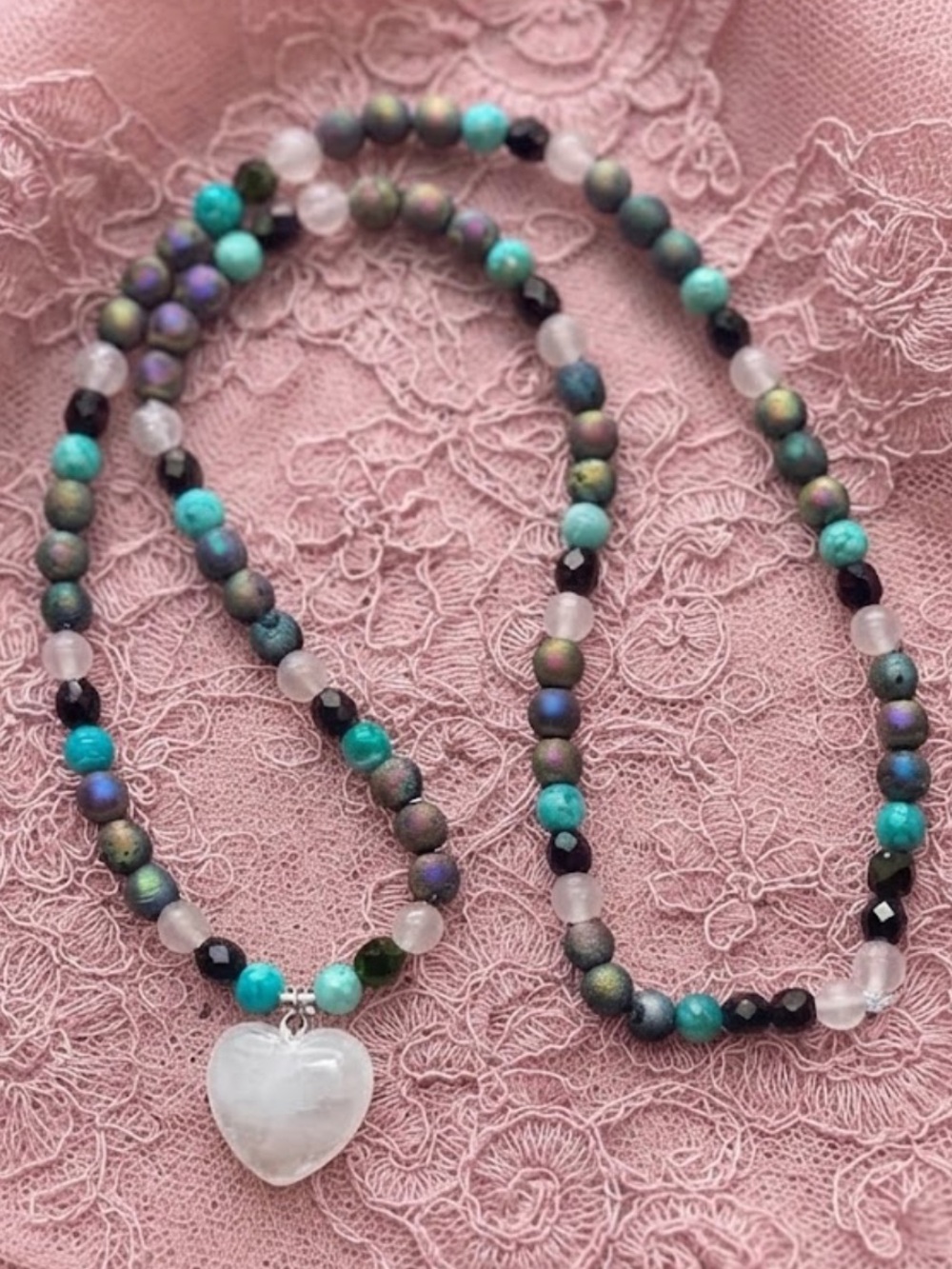 Mermaid Love Wishes Necklace (Rose Quartz, Rainbow Druzy Quartz, Peacock Beads)